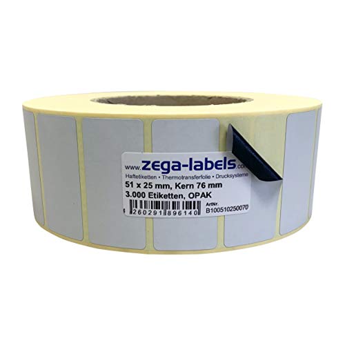 Thermotransfer Etiketten BLICKDICHT OPAK auf Rolle - 51 x 25 mm - 3.000 Stück je Rolle - Kern: 76 mm - aussen gewickelt - permanent haftend - Druckverfahren: Thermotransfer (Drucken mit Farbband) von zega-labels