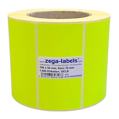 Thermotransfer Etiketten GELB auf Rolle - 100 x 50 mm - 1.000 Stück je Rolle - Kern: 76 mm - Papier Leuchtgelb - permanent haftend - Druckverfahren: Thermotransfer (Drucken mit Farbband) von zega-labels