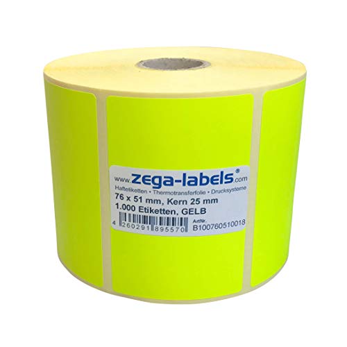Thermotransfer Etiketten GELB auf Rolle - 76 x 51 mm - 1.000 Stück je Rolle - Kern: 25 mm - Papier Leuchtgelb - permanent haftend - Druckverfahren: Thermotransfer (Drucken mit Farbband) von zega-labels