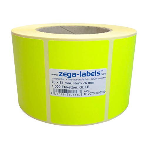 Thermotransfer Etiketten GELB auf Rolle - 76 x 51 mm - 1.000 Stück je Rolle - Kern: 76 mm - Papier Leuchtgelb - permanent haftend - Druckverfahren: Thermotransfer (Drucken mit Farbband) von zega-labels