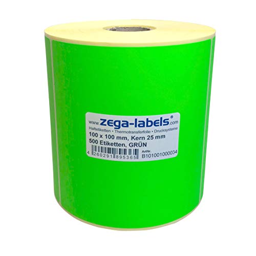 Thermotransfer Etiketten GRÜN auf Rolle - 100 x 100 mm - 500 Stück je Rolle - Kern: 25 mm - Papier Leuchtgrün - permanent haftend - Druckverfahren: Thermotransfer (Drucken mit Farbband) von zega-labels