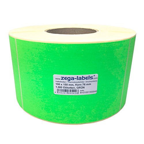 Thermotransfer Etiketten GRÜN auf Rolle - 100 x 150 mm - 1.000 Stück je Rolle - Kern: 76 mm - Papier Leuchtgrün - permanent haftend - Druckverfahren: Thermotransfer (Drucken mit Farbband) von zega-labels