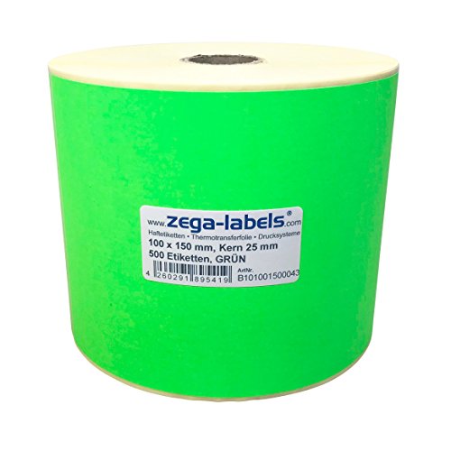 Thermotransfer Etiketten GRÜN auf Rolle - 100 x 150 mm - 500 Stück je Rolle - Kern: 25 mm - Papier Leuchtgrün - permanent haftend - Druckverfahren: Thermotransfer (Drucken mit Farbband) von zega-labels