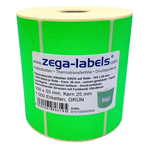 Thermotransfer Etiketten GRÜN auf Rolle - 100 x 50 mm - 1.000 Stück je Rolle - Kern: 25 mm - Papier Leuchtgrün - permanent haftend - Druckverfahren: Thermotransfer (Drucken mit Farbband) von zega-labels