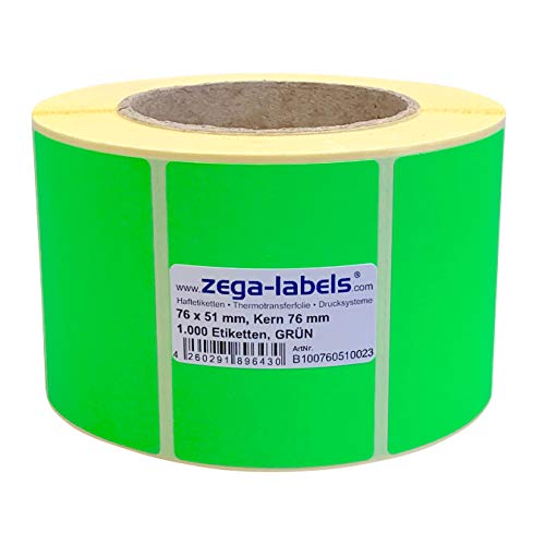 Thermotransfer Etiketten GRÜN auf Rolle - 76 x 51 mm - 1.000 Stück je Rolle - Kern: 76 mm - Papier Leuchtgrün - permanent haftend - Druckverfahren: Thermotransfer (Drucken mit Farbband) von zega-labels