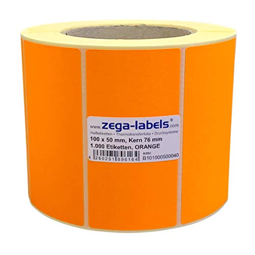 Thermotransfer Etiketten ORANGE auf Rolle - 100 x 50 mm - 1.000 Stück je Rolle - Kern: 76 mm - Papier Leuchtorange - permanent haftend - Druckverfahren: Thermotransfer (Drucken mit Farbband) von zega-labels