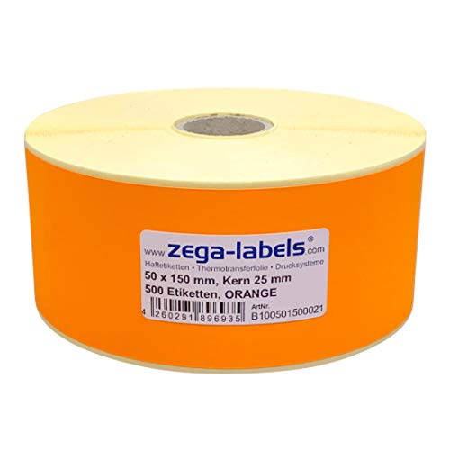 Thermotransfer Etiketten ORANGE auf Rolle - 50 x 150 mm - 500 Stück je Rolle - Kern: 25 mm - Papier Leuchtorange - permanent haftend - Druckverfahren: Thermotransfer (Drucken mit Farbband) von zega-labels