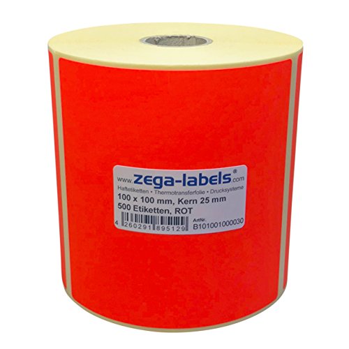 Thermotransfer Etiketten ROT auf Rolle - 100 x 100 mm - 500 Stück je Rolle - Kern: 25 mm - Papier Leuchtrot - permanent haftend - Druckverfahren: Thermotransfer (Drucken mit Farbband) von zega-labels