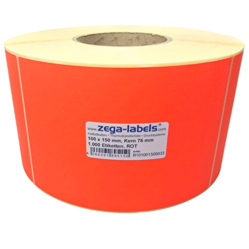 Thermotransfer Etiketten ROT auf Rolle - 100 x 150 mm - 1.000 Stück je Rolle - Kern: 76 mm - Papier Leuchtrot - permanent haftend - Druckverfahren: Thermotransfer (Drucken mit Farbband) von zega-labels