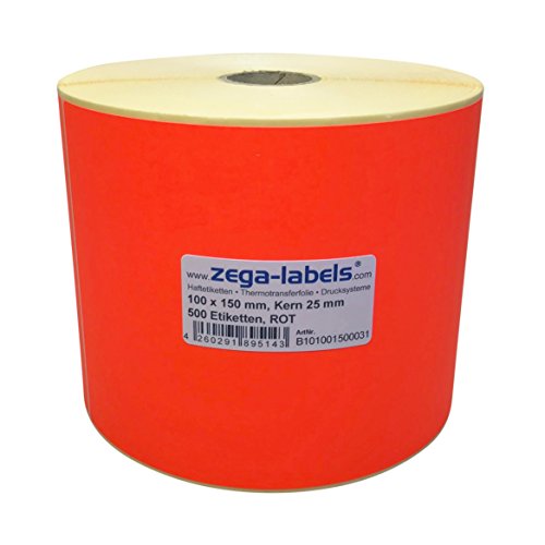 Thermotransfer Etiketten ROT auf Rolle - 100 x 150 mm - 500 Stück je Rolle - Kern: 25 mm - Papier Leuchtrot - permanent haftend - Druckverfahren: Thermotransfer (Drucken mit Farbband) von zega-labels