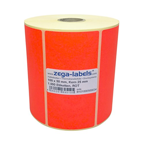 Thermotransfer Etiketten ROT auf Rolle - 100 x 50 mm - 1.000 Stück je Rolle - Kern: 25 mm - Papier Leuchtrot - permanent haftend - Druckverfahren: Thermotransfer (Drucken mit Farbband) von zega-labels