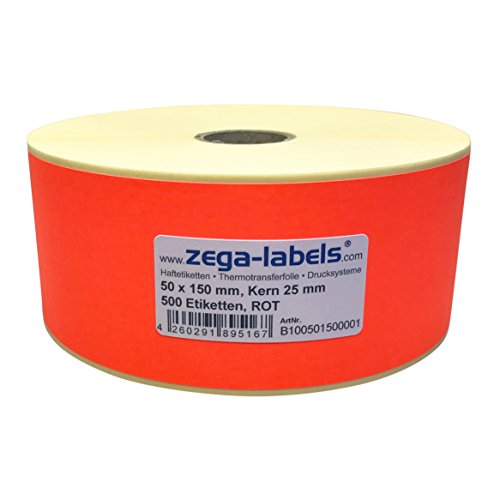 Thermotransfer Etiketten ROT auf Rolle - 50 x 150 mm - 500 Stück je Rolle - Kern: 25 mm - Papier Leuchtrot - permanent haftend - Druckverfahren: Thermotransfer (Drucken mit Farbband) von zega-labels