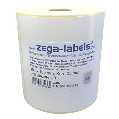 Thermotransfer Etiketten auf Rolle - 100 x 100 mm - 500 Stück je Rolle - Kern 25 mm - permanent haftend - ohne Perforation - Druckverfahren: Thermotransfer (Drucken mit Farbband) von zega-labels