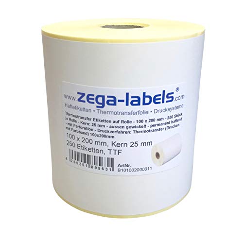Thermotransfer Etiketten auf Rolle - 100 x 200 mm - 250 Stück je Rolle - Kern: 25 mm - aussen gewickelt - permanent haftend - Druckverfahren: Thermotransfer (Drucken mit Farbband) von zega-labels