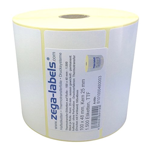 Thermotransfer Etiketten auf Rolle - 100 x 48 mm - 1.500 Stück je Rolle - Kern: 25 mm - aussen gewickelt - permanent haftend - Druckverfahren: Thermotransfer (mit Farbband) von zega-labels