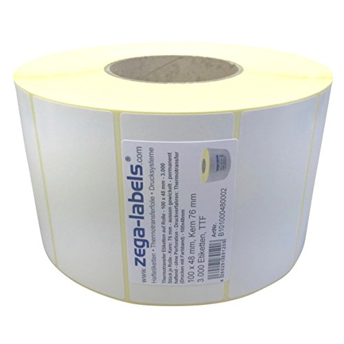 Thermotransfer Etiketten auf Rolle - 100 x 48 mm - 3.000 Stück je Rolle - Kern: 76 mm - aussen gewickelt - permanent haftend - Druckverfahren: Thermotransfer (mit Farbband) von zega-labels