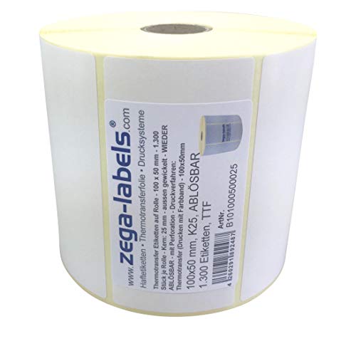 Thermotransfer Etiketten auf Rolle - 100 x 50 mm - 1.300 Stück je Rolle - Kern: 25 mm - aussen gewickelt - WIEDER ABLÖSBAR - Druckverfahren: Thermotransfer (Drucken mit Farbband) von zega-labels