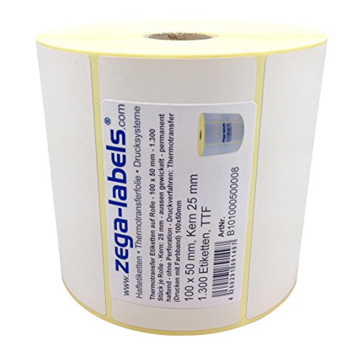 Thermotransfer Etiketten auf Rolle - 100 x 50 mm - 1.300 Stück je Rolle - Kern: 25 mm - aussen gewickelt - permanent haftend - Druckverfahren: Thermotransfer (Drucken mit Farbband) von zega-labels