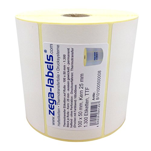 Thermotransfer Etiketten auf Rolle - 100 x 50 mm - 1.300 Stück je Rolle - Kern: 25 mm - aussen gewickelt - permanent haftend - Druckverfahren: Thermotransfer (Drucken mit Farbband) von zega-labels