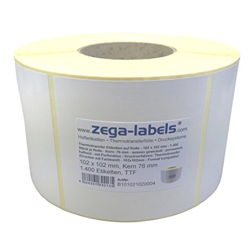 Thermotransfer Etiketten auf Rolle - 102 x 102 mm - 1.400 Stück je Rolle - Kern: 76 mm - aussen gewickelt - permanent haftend - Druckverfahren: Thermotransfer (Drucken mit Farbband) von zega-labels