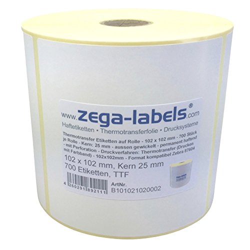 Thermotransfer Etiketten auf Rolle - 102 x 102 mm - 700 Stück je Rolle - Kern: 25 mm - aussen gewickelt - permanent haftend - Druckverfahren: Thermotransfer (Drucken mit Farbband) von zega-labels