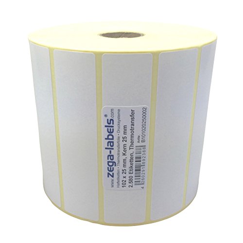 Thermotransfer Etiketten auf Rolle - 102 x 25 mm - 2.580 Stück je Rolle - Kern: 25 mm - aussen gewickelt - permanent haftend - Druckverfahren: Thermotransfer (Drucken mit Farbband) von zega-labels