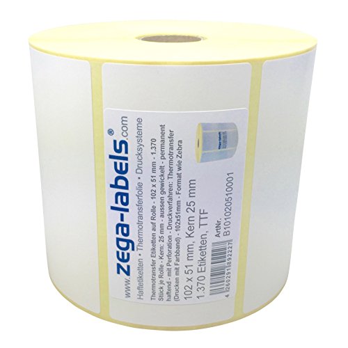 Thermotransfer Etiketten auf Rolle - 102 x 51 mm - 1.370 Stück je Rolle - Kern: 25 mm - aussen gewickelt - permanent haftend - Druckverfahren: Thermotransfer (Drucken mit Farbband) von zega-labels