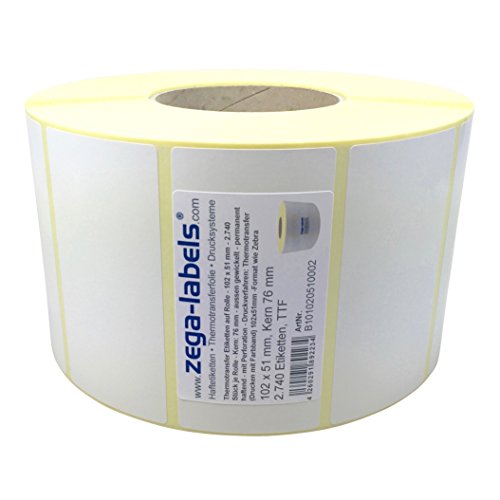Thermotransfer Etiketten auf Rolle - 102 x 51 mm - 2.740 Stück je Rolle - Kern: 76 mm - aussen gewickelt - permanent haftend - Druckverfahren: Thermotransfer (Drucken mit Farbband) von zega-labels