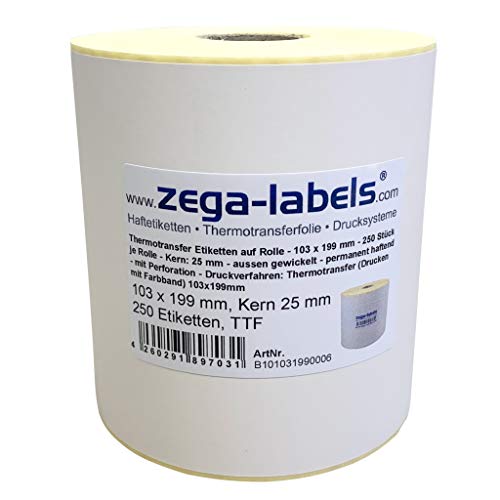 Thermotransfer Etiketten auf Rolle - 103 x 199 mm - 250 Stück je Rolle - Kern: 25 mm - aussen gewickelt - permanent haftend - Druckverfahren: Thermotransfer (Drucken mit Farbband) von zega-labels