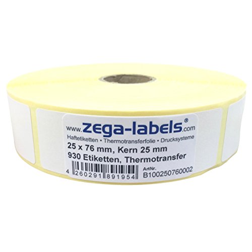 Thermotransfer Etiketten auf Rolle - 25 x 76 mm - 930 Stück je Rolle - Kern: 25 mm - aussen gewickelt - permanent haftend - Druckverfahren: Thermotransfer (Drucken mit Farbband) von zega-labels