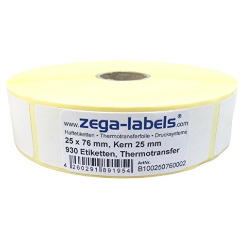 Thermotransfer Etiketten auf Rolle - 25 x 76 mm - 930 Stück je Rolle - Kern: 25 mm - aussen gewickelt - permanent haftend - Druckverfahren: Thermotransfer (Drucken mit Farbband) von zega-labels