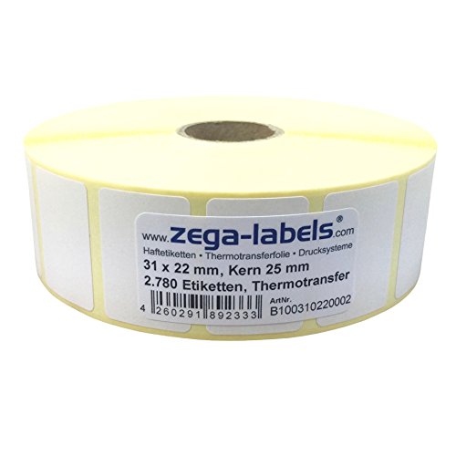 Thermotransfer Etiketten auf Rolle - 31 x 22 mm - 2.780 Stück je Rolle - Kern: 25 mm - aussen gewickelt - permanent haftend - Druckverfahren: Thermotransfer (Drucken mit Farbband) von zega-labels