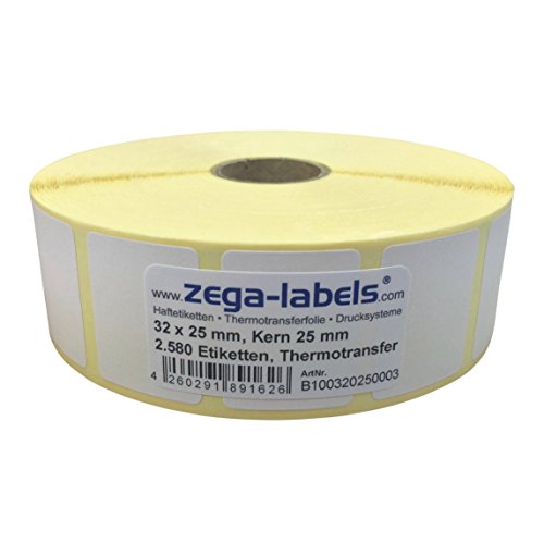 Thermotransfer Etiketten auf Rolle - 32 x 25 mm - 2.580 Stück je Rolle - Kern: 25 mm - aussen gewickelt - permanent haftend - Druckverfahren: Thermotransfer (Drucken mit Farbband) von zega-labels