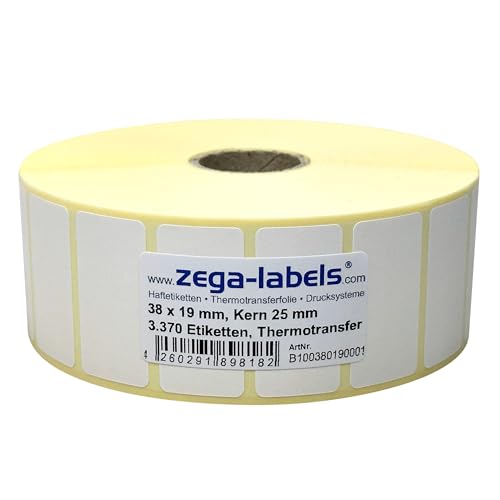 Thermotransfer Etiketten auf Rolle - 38 x 19 mm - 3.370 Stück je Rolle - Kern: 25 mm - aussen gewickelt - permanent haftend - Druckverfahren: Thermotransfer (Drucken mit Farbband) von zega-labels