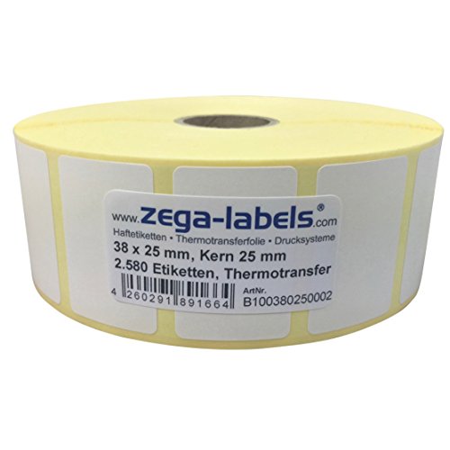 Thermotransfer Etiketten auf Rolle - 38 x 25 mm - 2.580 Stück je Rolle - Kern: 25 mm - aussen gewickelt - permanent haftend - Druckverfahren: Thermotransfer (Drucken mit Farbband) von zega-labels