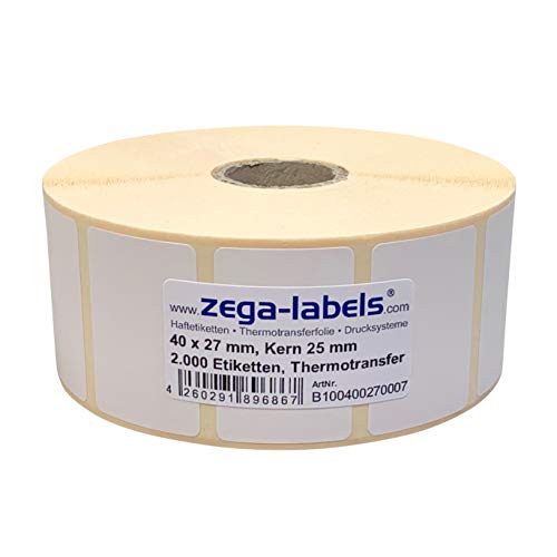 zega-labels Thermotransfer-Etiketten auf Rolle - 40 x 27 mm - 2.000 Stück je Rolle - Kern: 25 mm - aussen gewickelt - permanent haftend - Druckverfahren: Thermotransfer (Drucken mit Farbband) von zega-labels
