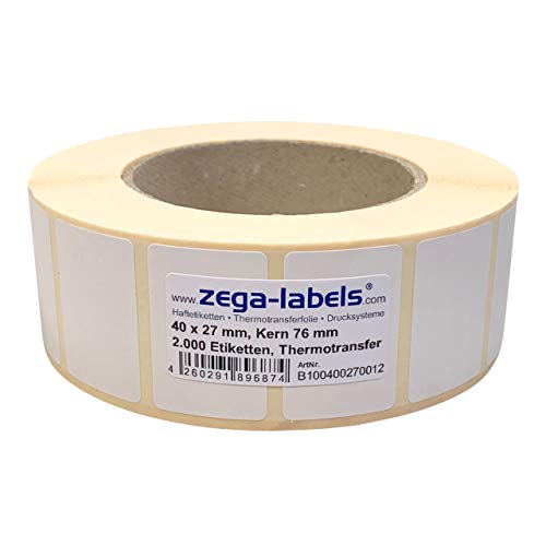 Thermotransfer Etiketten auf Rolle - 40 x 27 mm - 2.000 Stück je Rolle - Kern: 76 mm - aussen gewickelt - permanent haftend - Druckverfahren: Thermotransfer (Drucken mit Farbband) von zega-labels