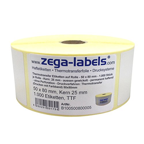 Thermotransfer Etiketten auf Rolle - 50 x 80 mm - 1.000 Stück je Rolle - Kern: 25 mm - aussen gewickelt - permanent haftend - Druckverfahren: Thermotransfer (Drucken mit Farbband) von zega-labels