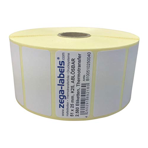 Thermotransfer Etiketten auf Rolle - 51 x 25 mm - 2.580 Stück je Rolle - Kern: 25 mm - aussen gewickelt - WIEDER ABLÖSBAR - Druckverfahren: Thermotransfer (Drucken mit Farbband) von zega-labels