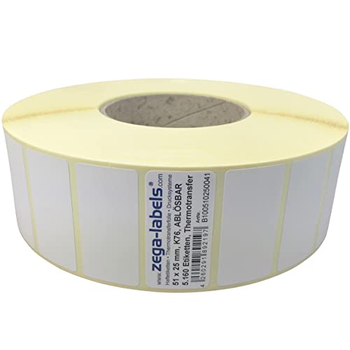 Thermotransfer Etiketten auf Rolle - 51 x 25 mm - 5.160 Stück je Rolle - Kern: 76 mm - aussen gewickelt - WIEDER ABLÖSBAR - Druckverfahren: Thermotransfer (Drucken mit Farbband) von zega-labels