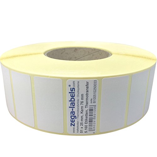 Thermotransfer Etiketten auf Rolle - 51 x 25 mm - 5.160 Stück je Rolle - Kern: 76 mm - aussen gewickelt - permanent haftend - Druckverfahren: Thermotransfer (Drucken mit Farbband) von zega-labels