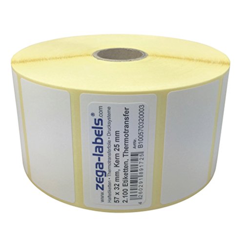 Thermotransfer Etiketten auf Rolle - 57 x 32 mm - 2.100 Stück je Rolle - Kern: 25 mm - aussen gewickelt - permanent haftend - Druckverfahren: Thermotransfer (Drucken mit Farbband) von zega-labels