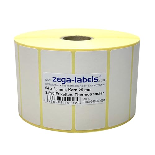 Thermotransfer Etiketten auf Rolle - 64 x 25 mm - 2.590 Stück je Rolle - Kern: 25 mm - aussen gewickelt - permanent haftend - Druckverfahren: Thermotransfer (Drucken mit Farbband) von zega-labels