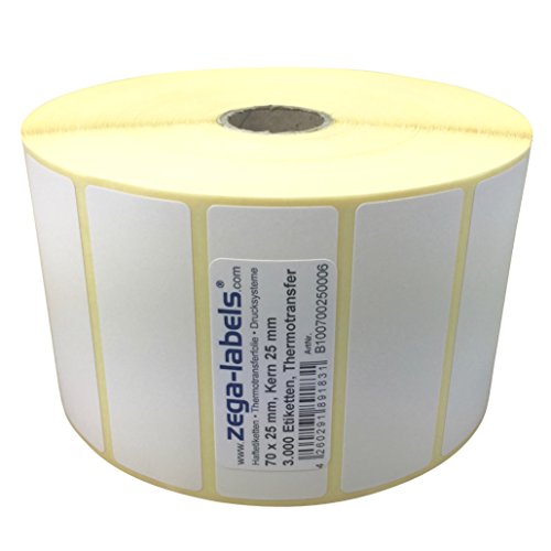 Thermotransfer Etiketten auf Rolle - 70 x 25 mm - 3.000 Stück je Rolle - Kern: 25 mm - aussen gewickelt - permanent haftend - Druckverfahren: Thermotransfer (Drucken mit Farbband) von zega-labels