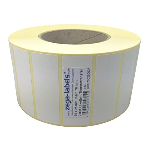 Thermotransfer Etiketten auf Rolle - 70 x 25 mm - 3.000 Stück je Rolle - Kern: 76 mm - aussen gewickelt - permanent haftend - Druckverfahren: Thermotransfer (Drucken mit Farbband) von zega-labels