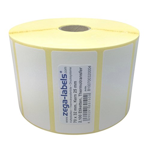 Thermotransfer Etiketten auf Rolle - 70 x 32 mm - 2.100 Stück je Rolle - Kern: 25 mm - aussen gewickelt - permanent haftend - Druckverfahren: Thermotransfer (Drucken mit Farbband) von zega-labels