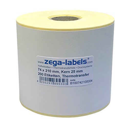 Thermotransfer Etiketten auf Rolle - 74 x 210 mm - 200 Stück je Rolle - Kern: 25 mm - aussen gewickelt - permanent haftend - Druckverfahren: Thermotransfer (Drucken mit Farbband) von zega-labels