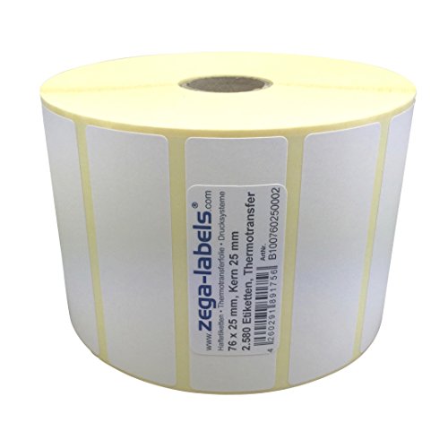 Thermotransfer Etiketten auf Rolle - 76 x 25 mm - 2.580 Stück je Rolle - Kern: 25 mm - aussen gewickelt - permanent haftend - Druckverfahren: Thermotransfer (Drucken mit Farbband) von zega-labels
