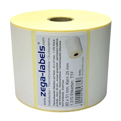 Thermotransfer Etiketten auf Rolle - 83 x 51 mm - 1.370 Stück je Rolle - Kern: 25 mm - aussen gewickelt - permanent haftend - Druckverfahren: Thermotransfer (Drucken mit Farbband) von zega-labels