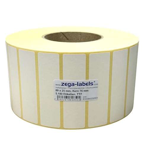 Thermotransfer Etiketten auf Rolle - 89 x 25 mm - 5.180 Stück je Rolle - Kern: 76 mm - aussen gewickelt - permanent haftend - Druckverfahren: Thermotransfer (Drucken mit Farbband) von zega-labels